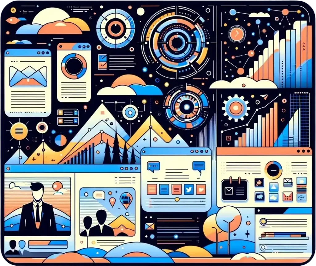 Complex graphic montage with various analytics and business icons, including graphs, charts, and digital interfaces, in a vibrant color scheme on a dark background.